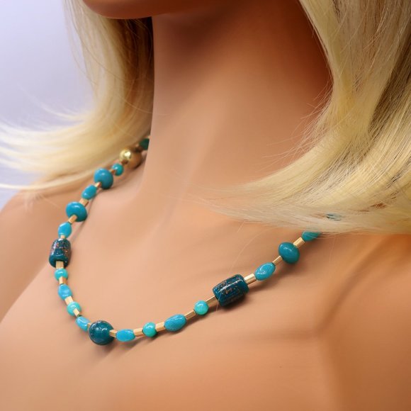 Necklace Hand Blown Green Glass Beads Green Turquoise Gold Metal Beads - Picture 2 of 3